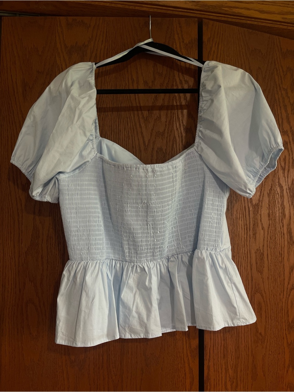 Francesca's Collections Light Blue Puff Sleeve Peplum Blouse with Front Bows - Picture 2 of 3